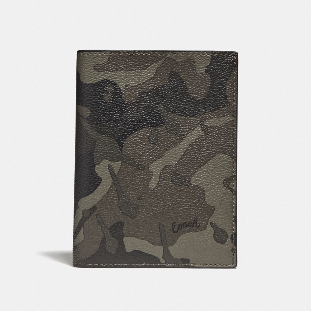 COACH F77977 PASSPORT CASE WITH CAMO PRINT GREEN/BLACK ANTIQUE NICKEL