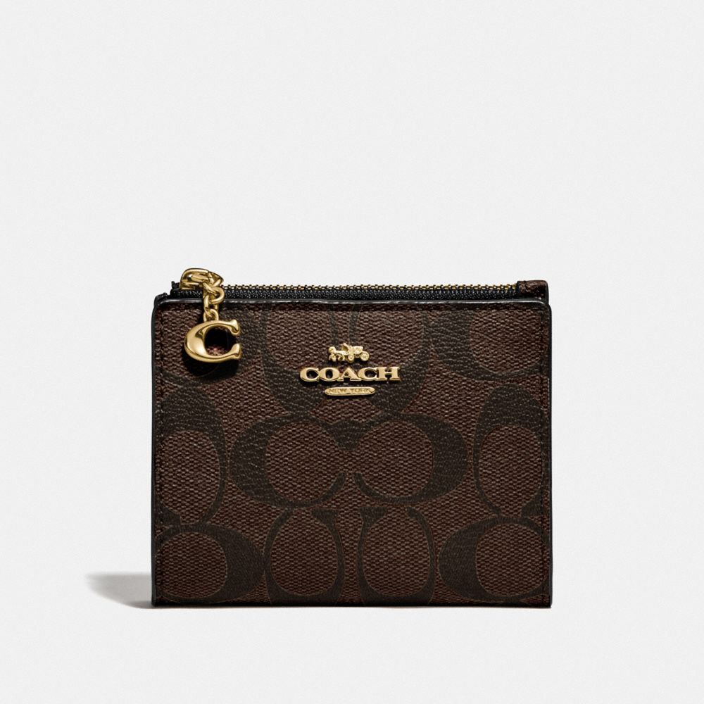 COACH SNAP CARD CASE IN SIGNATURE CANVAS - BROWN/BLACK/GOLD - F78002
