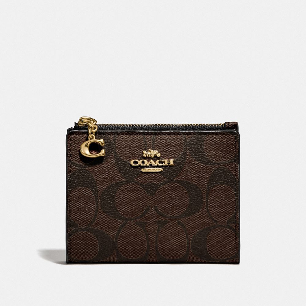 COACH F78002 SNAP CARD CASE IN SIGNATURE CANVAS BROWN/BLACK/GOLD