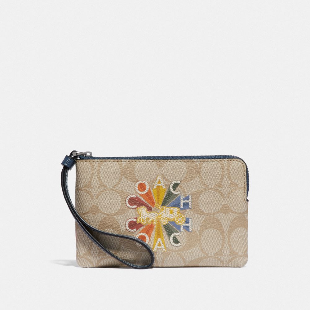 COACH F78009 Corner Zip Wristlet In Signature Canvas With Coach Radial Rainbow LIGHT KHAKI/DENIM MULTI/SILVER