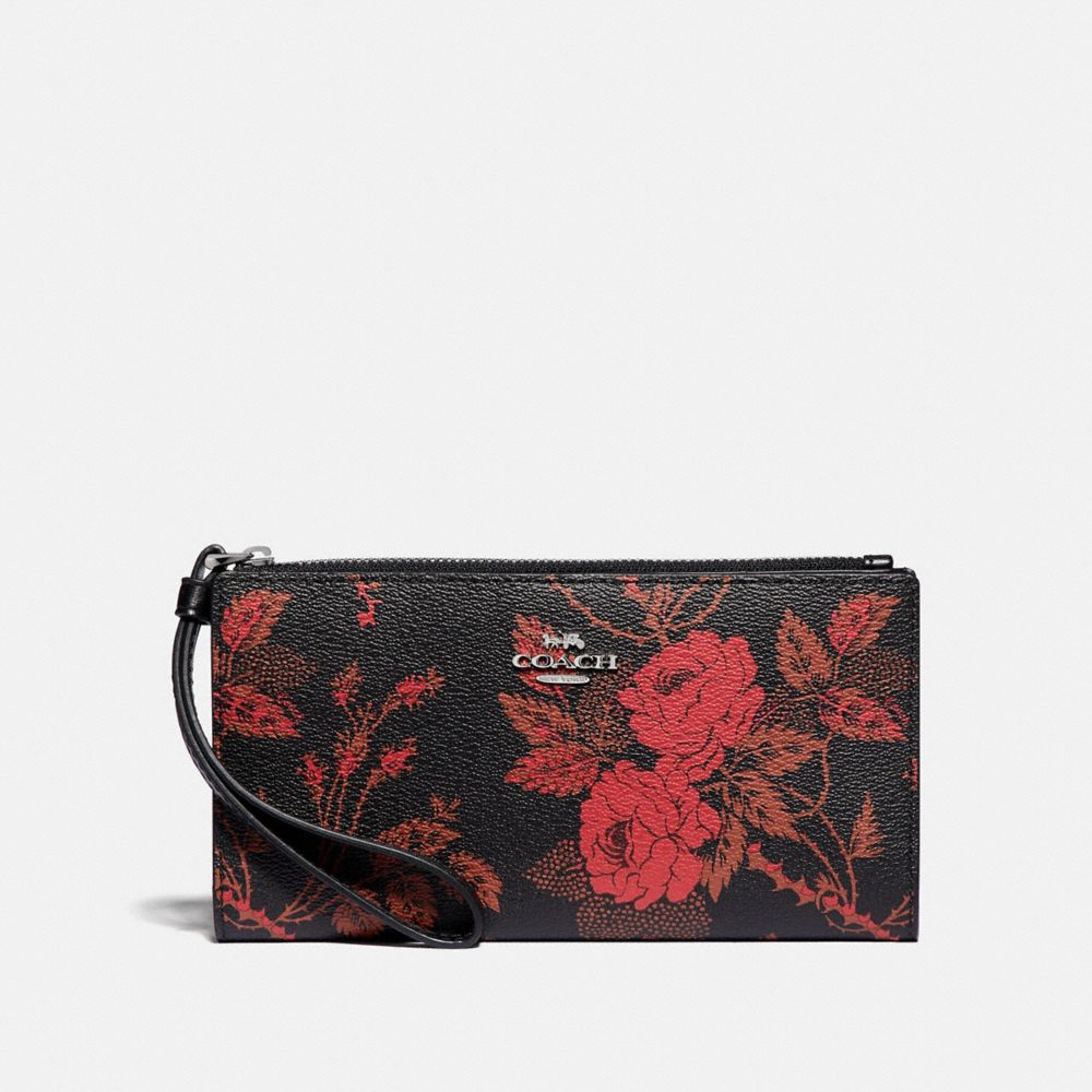 COACH F78013 Long Wallet With Thorn Roses Print BLACK RED MULTI/SILVER