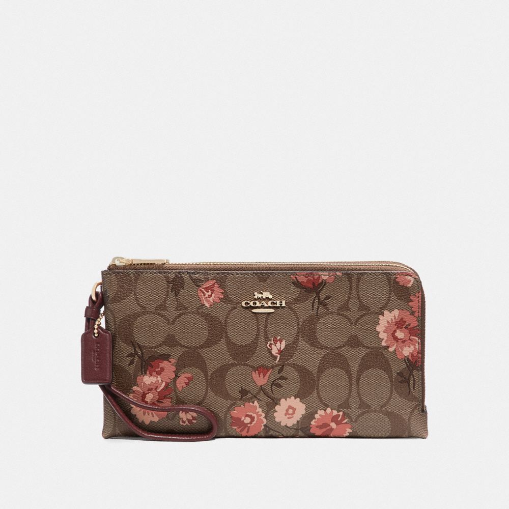 DOUBLE ZIP WALLET IN SIGNATURE CANVAS WITH PRAIRIE DAISY CLUSTER PRINT - F78020 - KHAKI CORAL MULTI/IMITATION GOLD