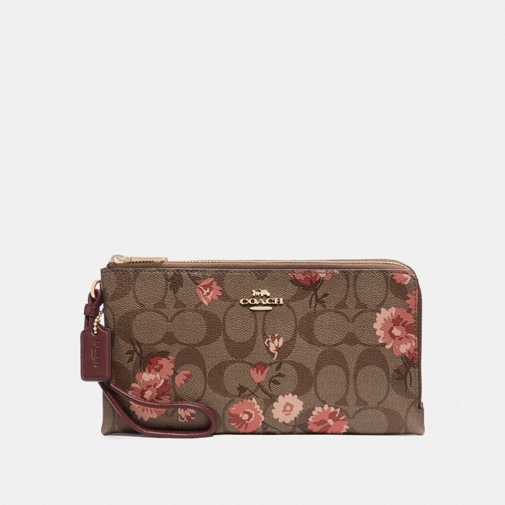 Coach Signature Prairie Daisy Large Wristlet in Khaki Coral Floral Multi