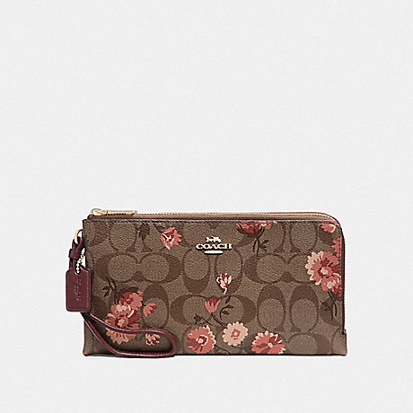 COACH DOUBLE ZIP WALLET IN SIGNATURE CANVAS WITH PRAIRIE DAISY CLUSTER PRINT - KHAKI CORAL MULTI/IMITATION GOLD - F78020