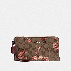 COACH F78020 Double Zip Wallet In Signature Canvas With Prairie Daisy Cluster Print KHAKI CORAL MULTI/IMITATION GOLD