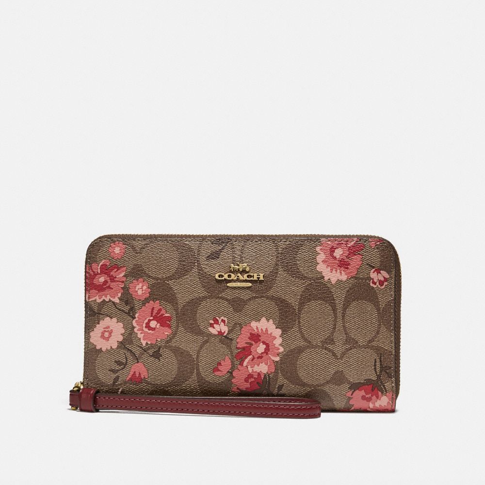 LARGE PHONE WALLET IN SIGNATURE CANVAS WITH PRAIRIE DAISY CLUSTER PRINT - F78021 - KHAKI CORAL MULTI/IMITATION GOLD