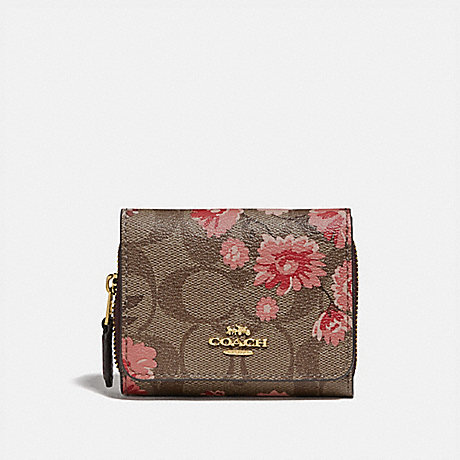 COACH SMALL TRIFOLD WALLET IN SIGNATURE CANVAS WITH PRAIRIE DAISY CLUSTER PRINT - KHAKI CORAL MULTI/IMITATION GOLD - F78022