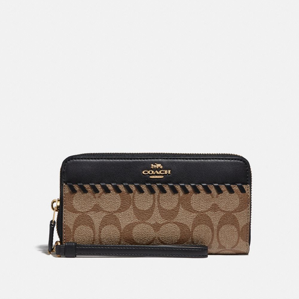 COACH F78023 Accordion Zip Wallet In Signature Canvas With Whipstitch KHAKI/BLACK/IMITATION GOLD