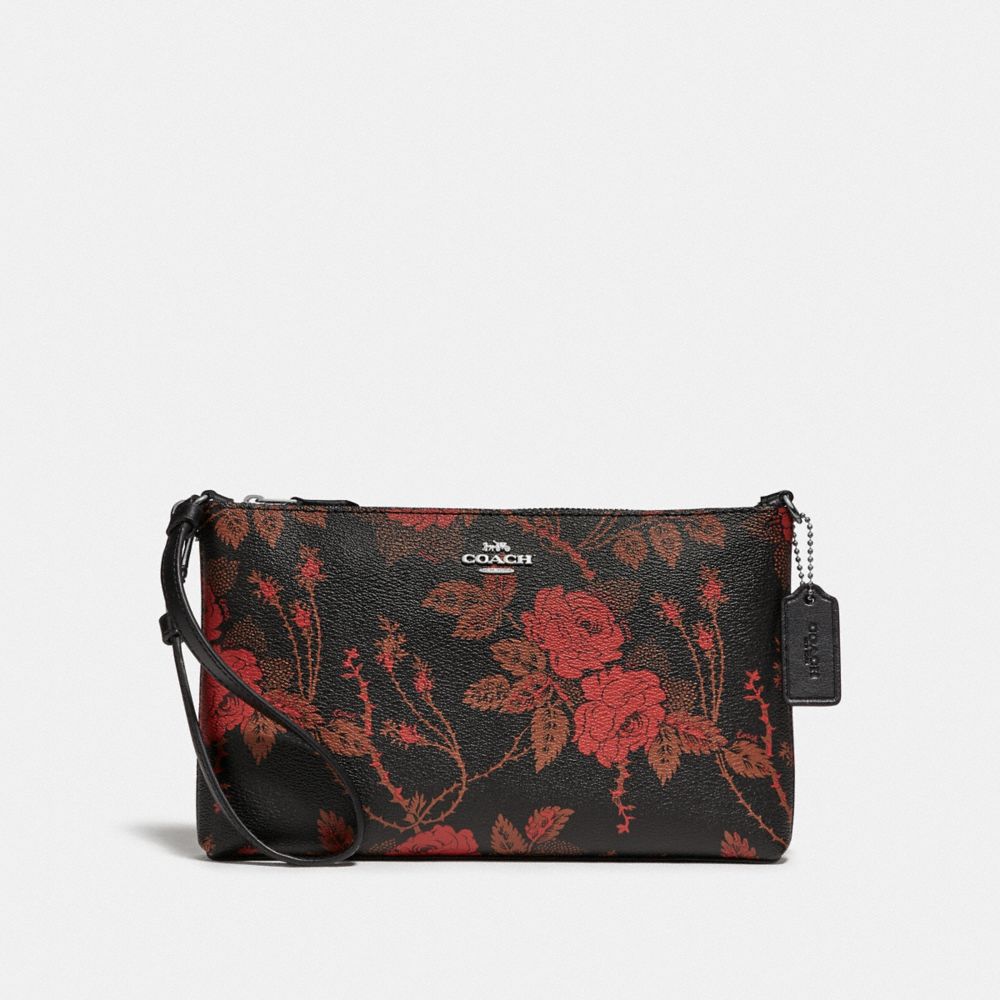 COACH F78035 Large Wristlet 25 With Thorn Roses Print BLACK RED MULTI/SILVER