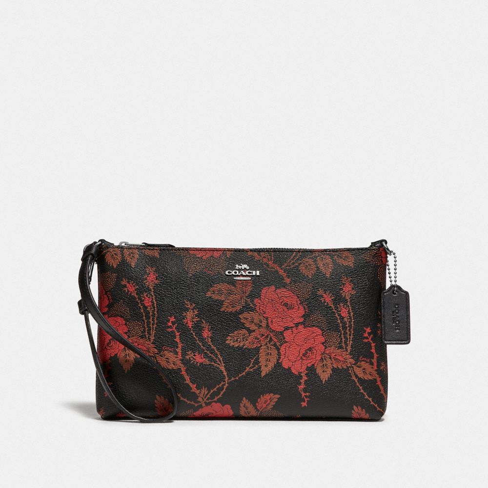 COACH F78035 LARGE WRISTLET 25 WITH THORN ROSES PRINT BLACK RED MULTI/SILVER