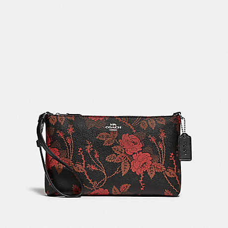 COACH F78035 LARGE WRISTLET 25 WITH THORN ROSES PRINT BLACK RED MULTI/SILVER