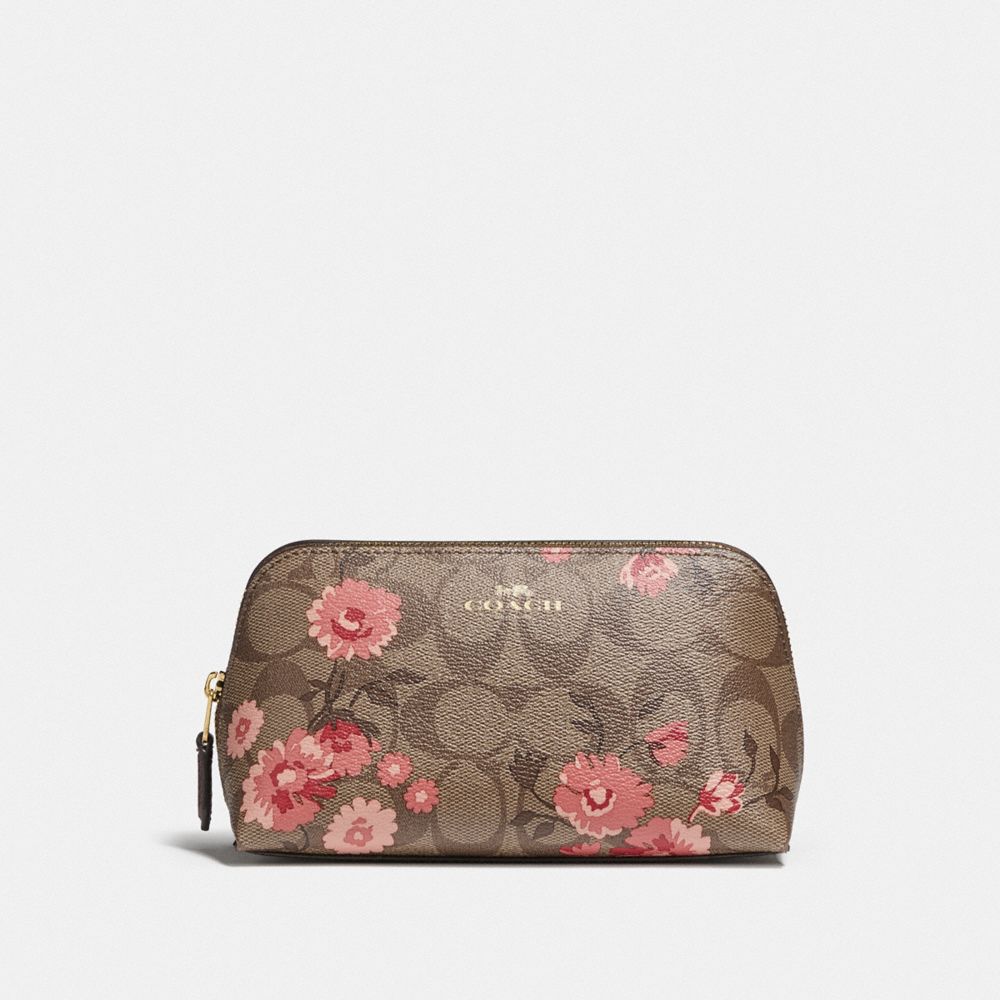 COSMETIC CASE 17 IN SIGNATURE CANVAS WITH PRAIRIE DAISY CLUSTER PRINT - F78046 - KHAKI CORAL MULTI/IMITATION GOLD