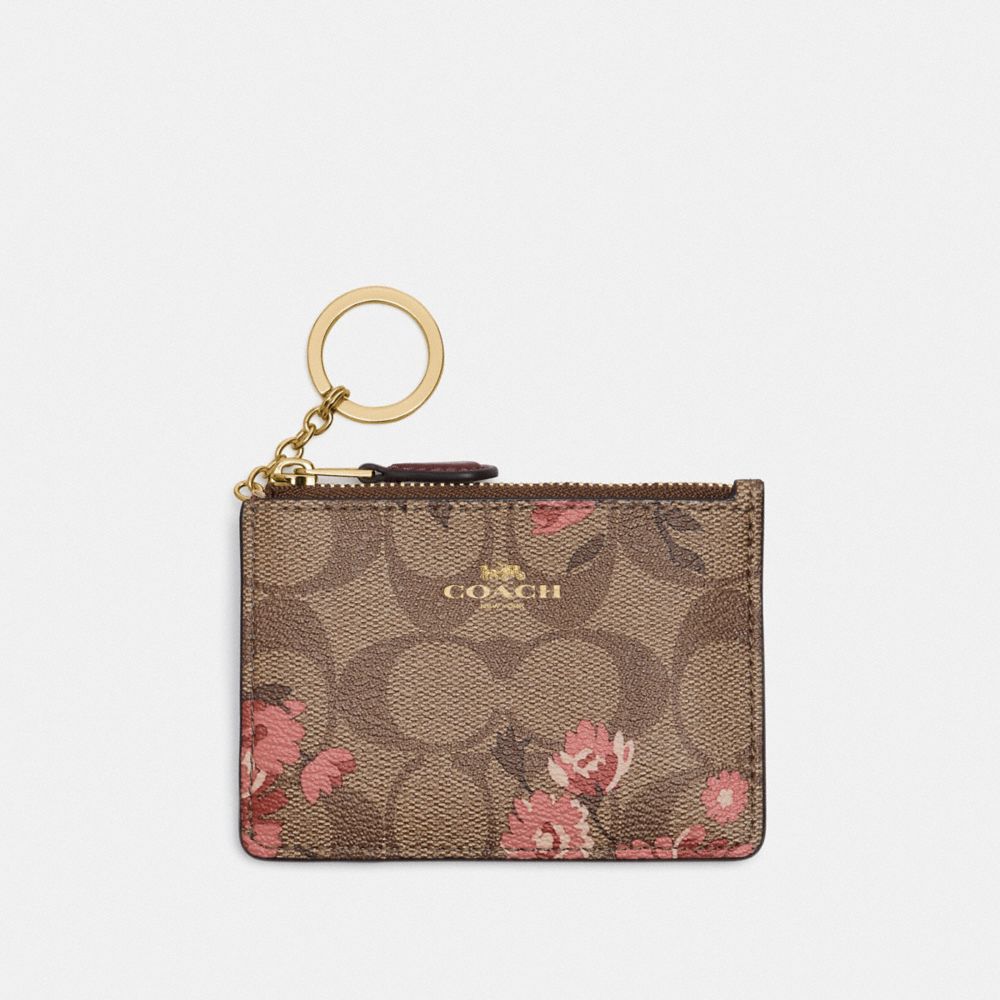 COACH F78047 MINI SKINNY ID CASE IN SIGNATURE CANVAS WITH PRAIRIE DAISY CLUSTER PRINT KHAKI CORAL MULTI/IMITATION GOLD