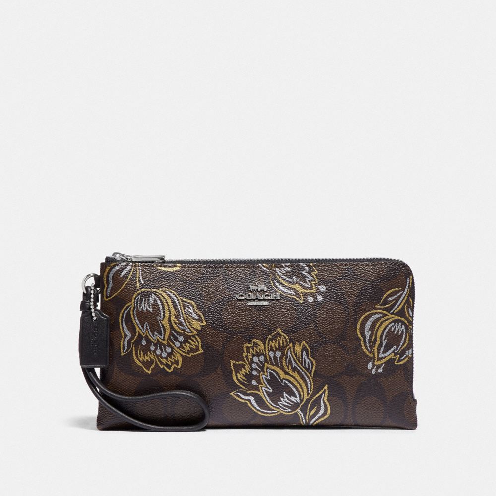 DOUBLE ZIP WALLET IN SIGNATURE CANVAS WITH TULIP PRINT - SV/CHESTNUT METALLIC - COACH F78069
