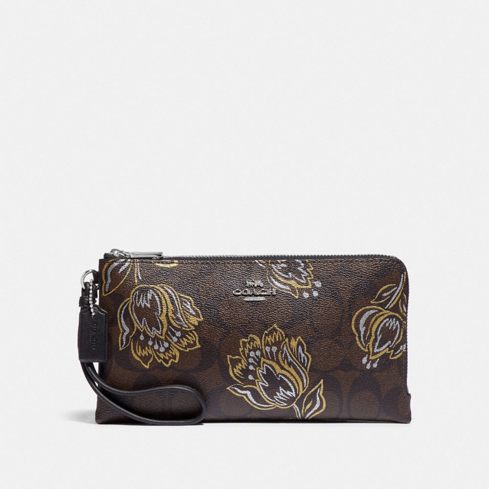 COACH F78069 Double Zip Wallet In Signature Canvas With Tulip Print SV/CHESTNUT METALLIC