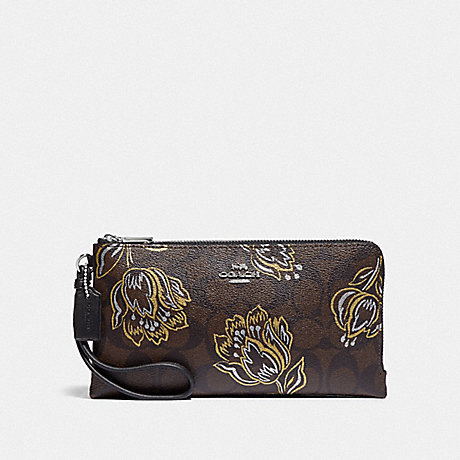 COACH F78069 DOUBLE ZIP WALLET IN SIGNATURE CANVAS WITH TULIP PRINT SV/CHESTNUT-METALLIC