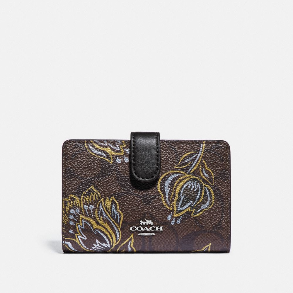 COACH F78077 Medium Corner Zip Wallet In Signature Canvas With Tulip Print SV/CHESTNUT METALLIC