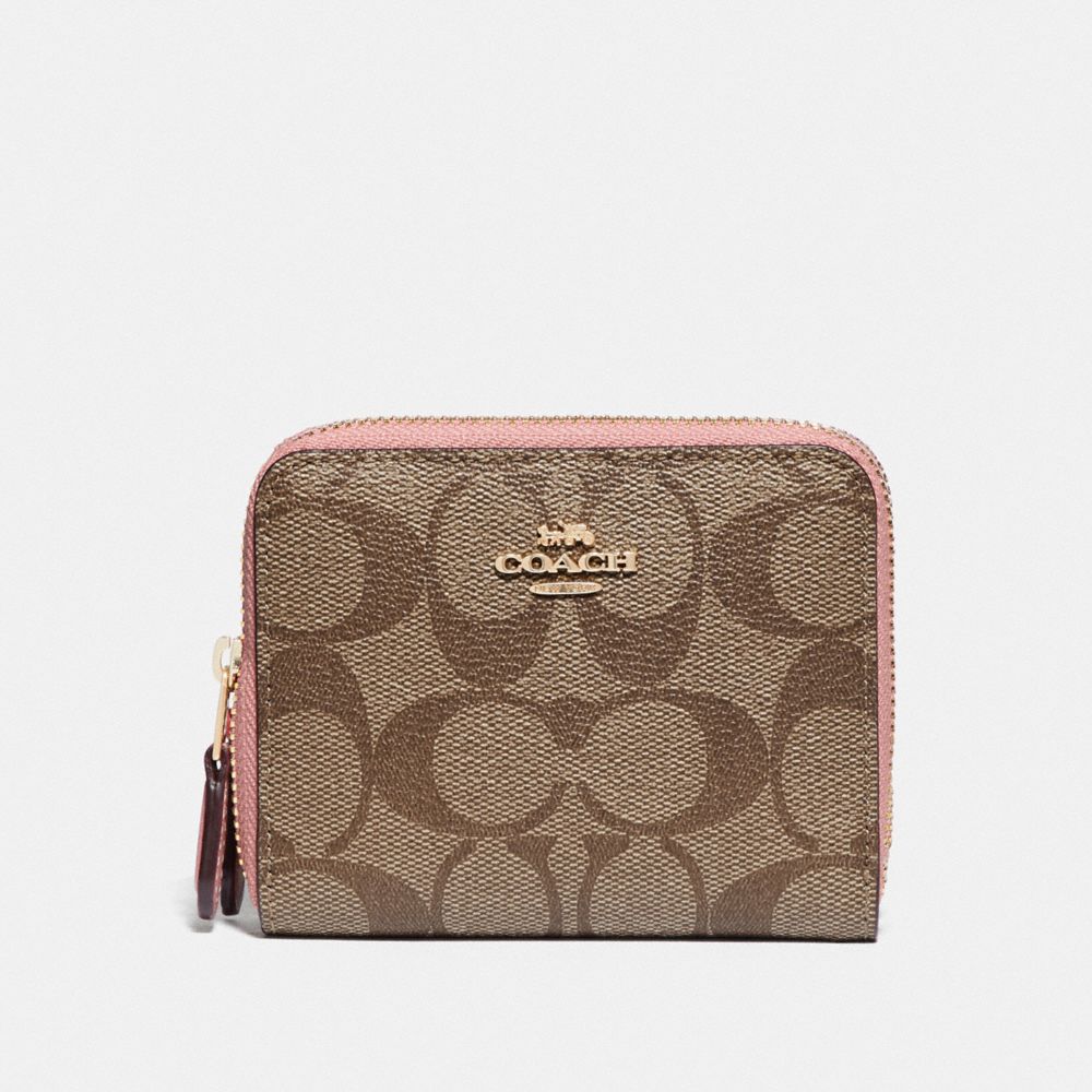 COACH SMALL DOUBLE ZIP AROUND WALLET IN BLOCKED SIGNATURE CANVAS - IM/KHAKI PINK PETAL - F78079
