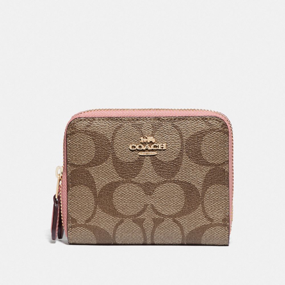 COACH F78079 SMALL DOUBLE ZIP AROUND WALLET IN BLOCKED SIGNATURE CANVAS IM/KHAKI PINK PETAL