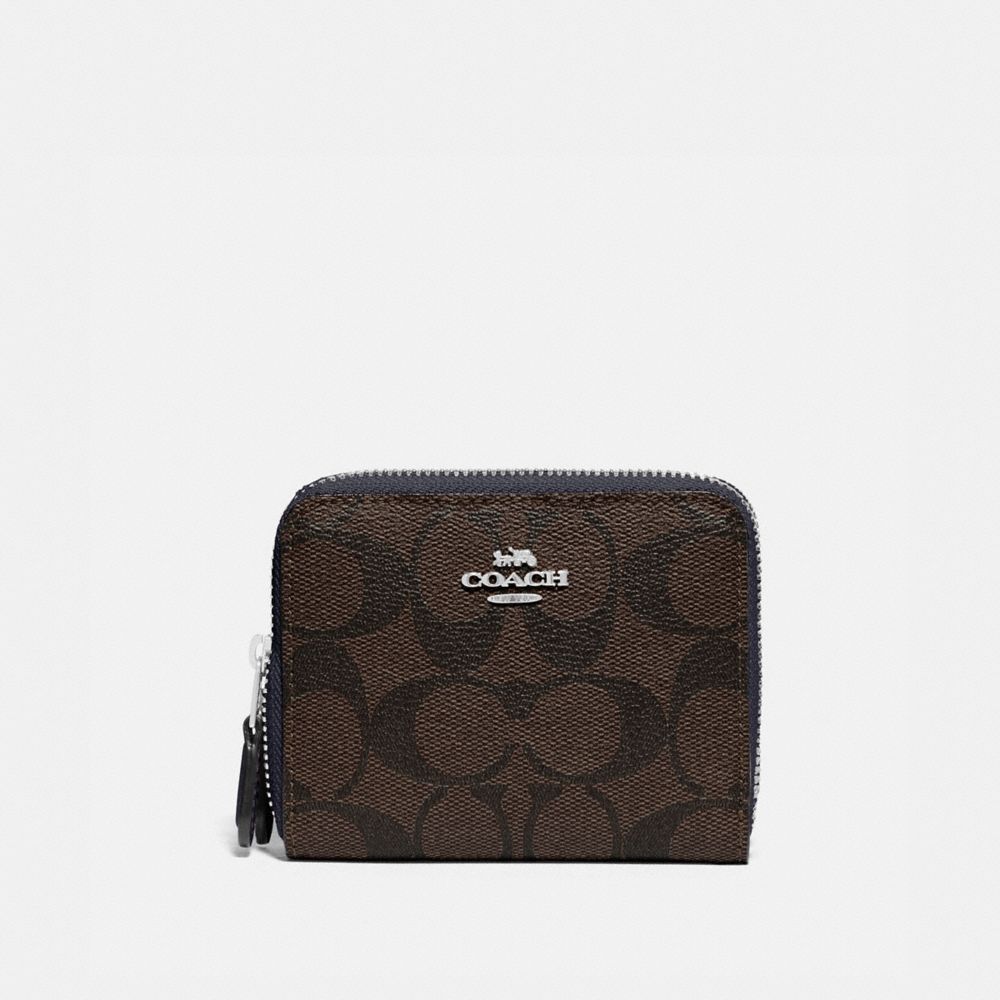 COACH SMALL DOUBLE ZIP AROUND WALLET IN BLOCKED SIGNATURE CANVAS - SV/BROWN MIDNIGHT - F78079