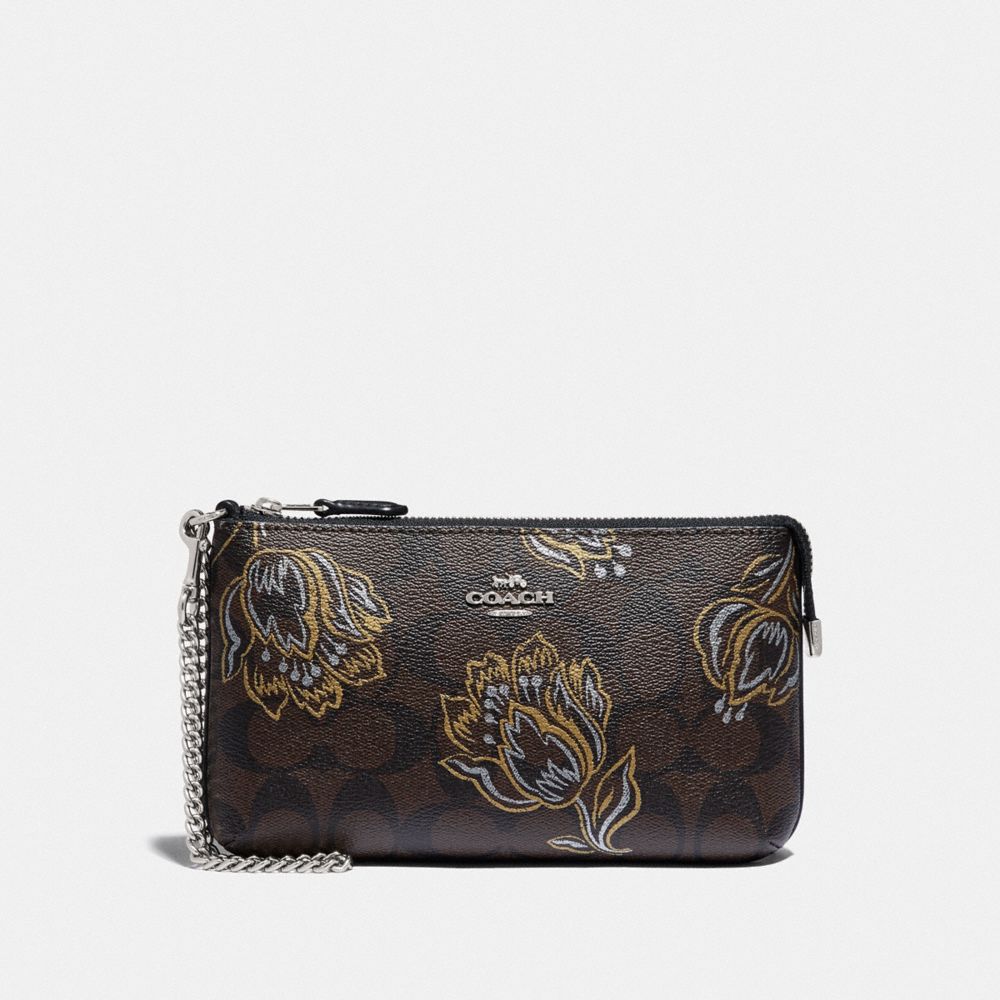 COACH F78092 Large Wristlet In Signature Canvas With Tulip Print SV/CHESTNUT METALLIC