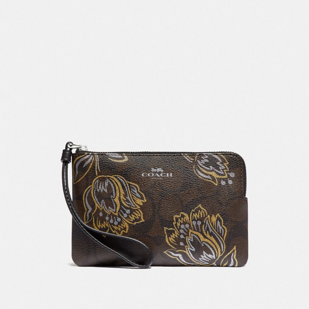 COACH CORNER ZIP WRISTLET IN SIGNATURE CANVAS WITH TULIP PRINT - SV/CHESTNUT METALLIC - F78095