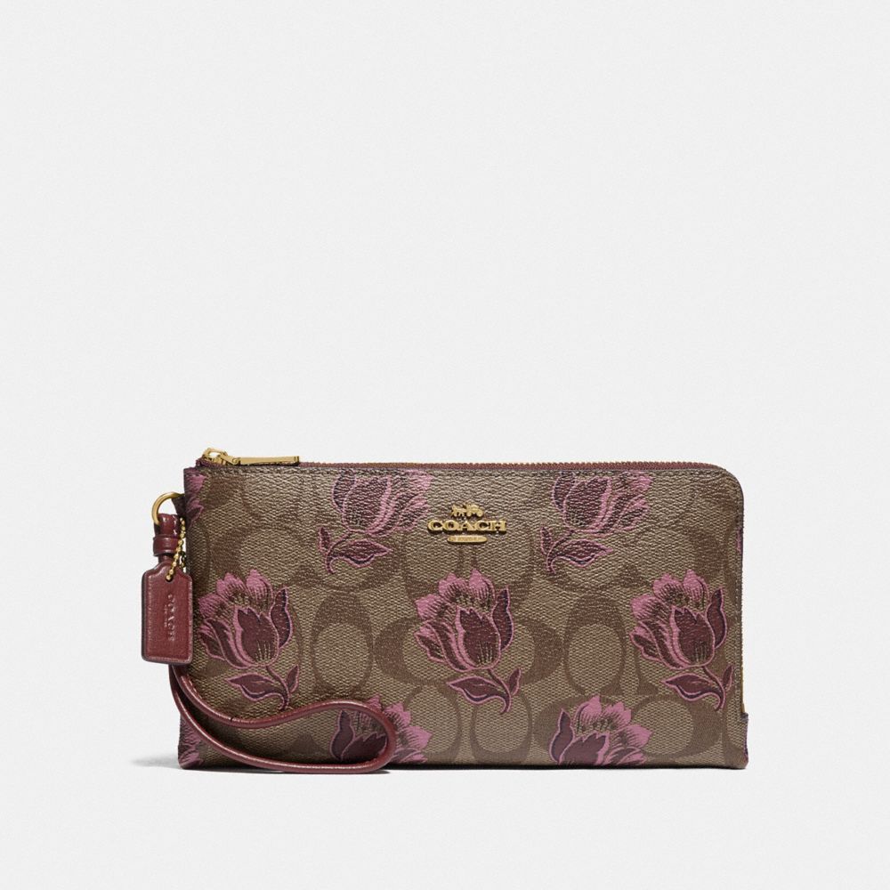 DOUBLE ZIP WALLET IN SIGNATURE CANVAS WITH DESERT TULIP PRINT - F78116 - IM/KHAKI PINK MULTI