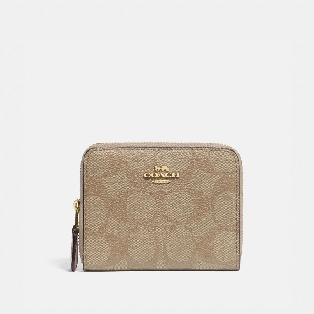COACH SMALL DOUBLE ZIP AROUND WALLET IN SIGNATURE CANVAS - LIGHT KHAKI/CHALK/GOLD - F78144