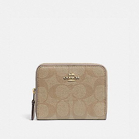 COACH SMALL DOUBLE ZIP AROUND WALLET IN SIGNATURE CANVAS - LIGHT KHAKI/CHALK/GOLD - F78144