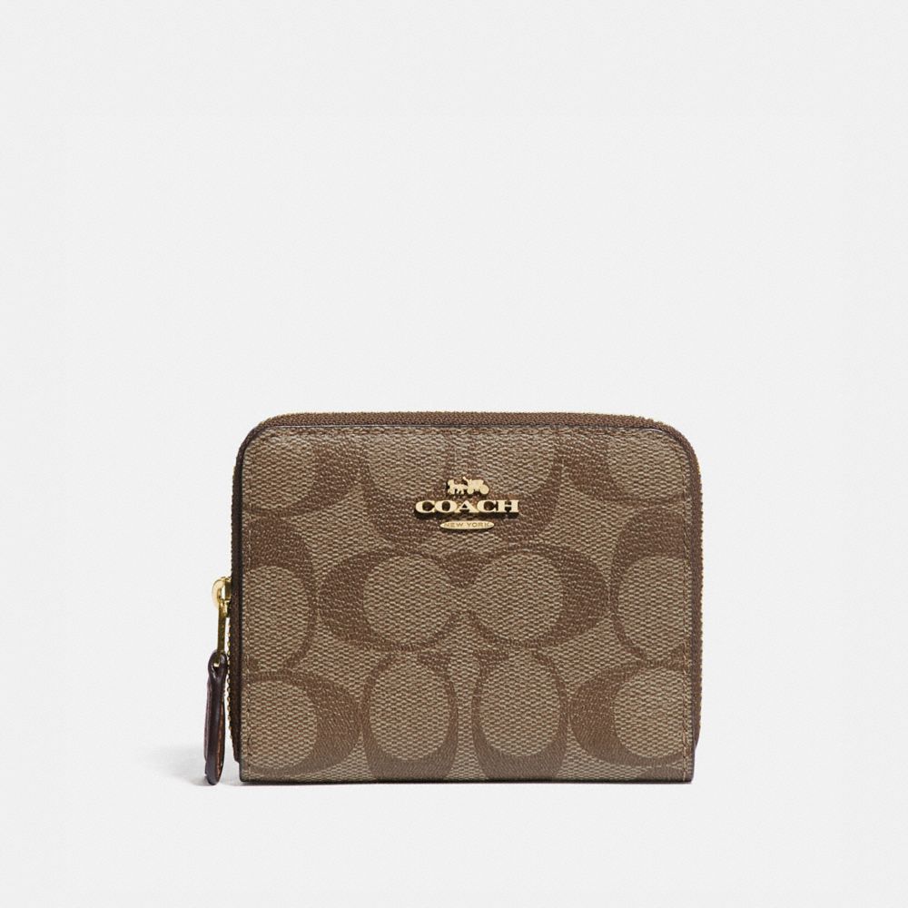 COACH SMALL DOUBLE ZIP AROUND WALLET IN SIGNATURE CANVAS - KHAKI/SADDLE 2/GOLD - F78144