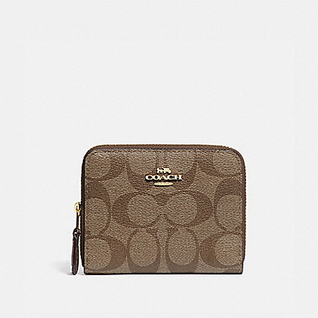 COACH SMALL DOUBLE ZIP AROUND WALLET IN SIGNATURE CANVAS - KHAKI/SADDLE 2/GOLD - F78144