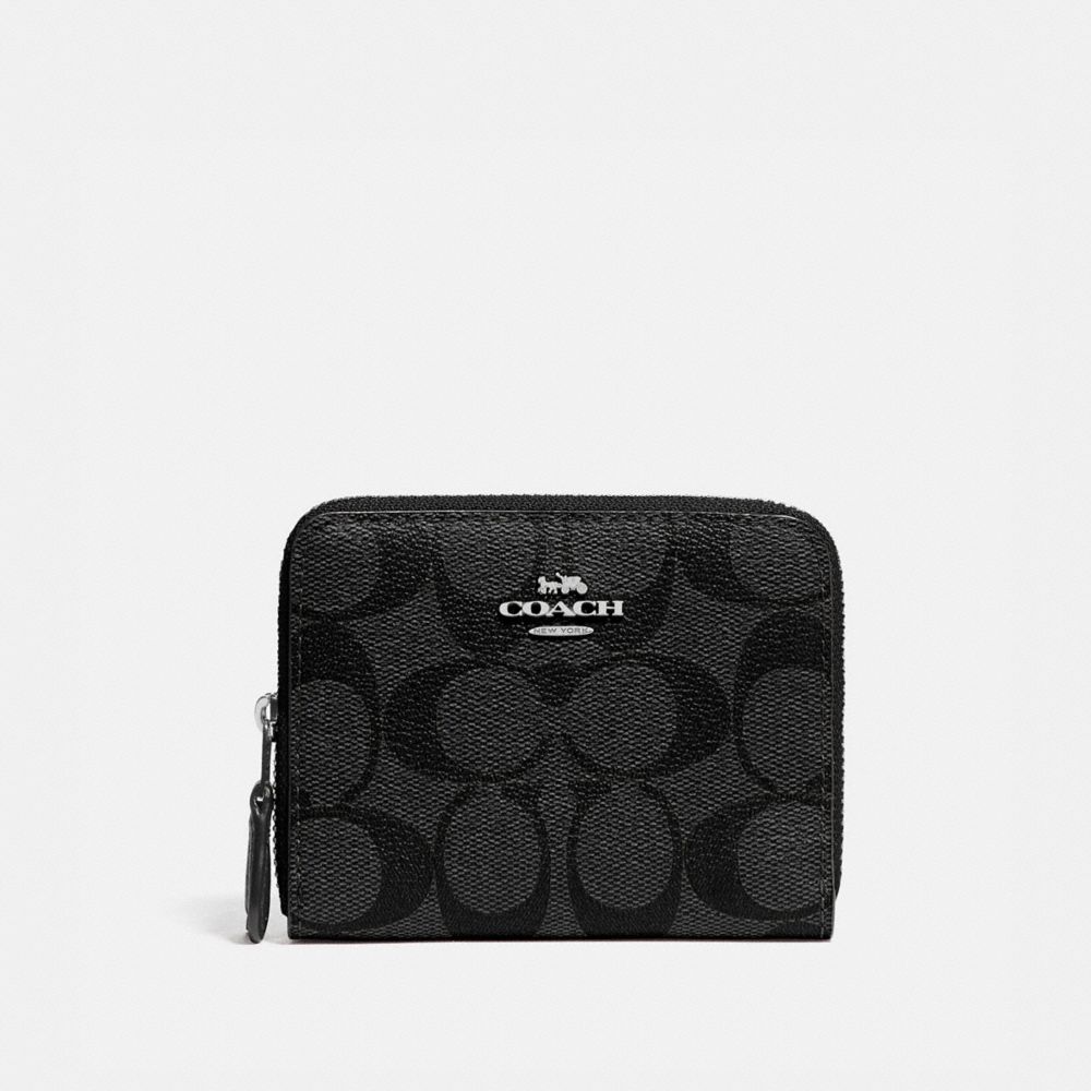 COACH F78144 Small Double Zip Around Wallet In Signature Canvas BLACK SMOKE/BLACK/SILVER