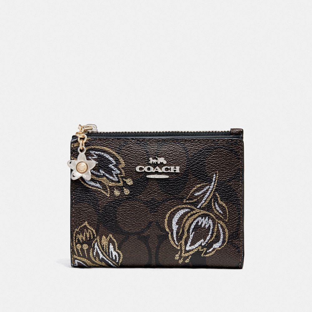 SNAP CARD CASE IN SIGNATURE CANVAS WITH TULIP PRINT - F78240 - SV/CHESTNUT METALLIC