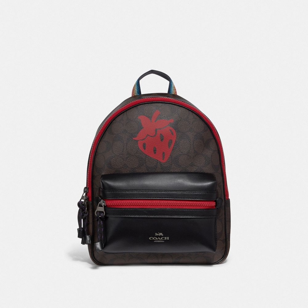 MEDIUM CHARLIE BACKPACK IN SIGNATURE CANVAS WITH STRAWBERRY MOTIF - F78252 - QB/BROWN BLACK MULTI