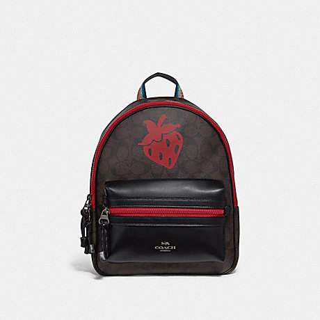 COACH MEDIUM CHARLIE BACKPACK IN SIGNATURE CANVAS WITH STRAWBERRY MOTIF - QB/BROWN BLACK MULTI - F78252
