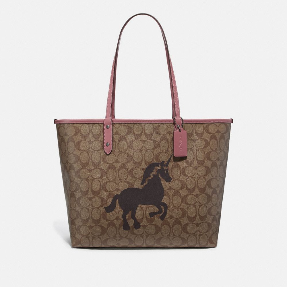 COACH F78256 REVERSIBLE CITY TOTE IN SIGNATURE CANVAS WITH UNICORN MOTIF QB/KHAKI MULTI