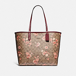 COACH F78279 Reversible City Tote In Signature Canvas With Prairie Daisy Cluster Print KHAKI CORAL MULTI/WINE/IMITATION GOLD