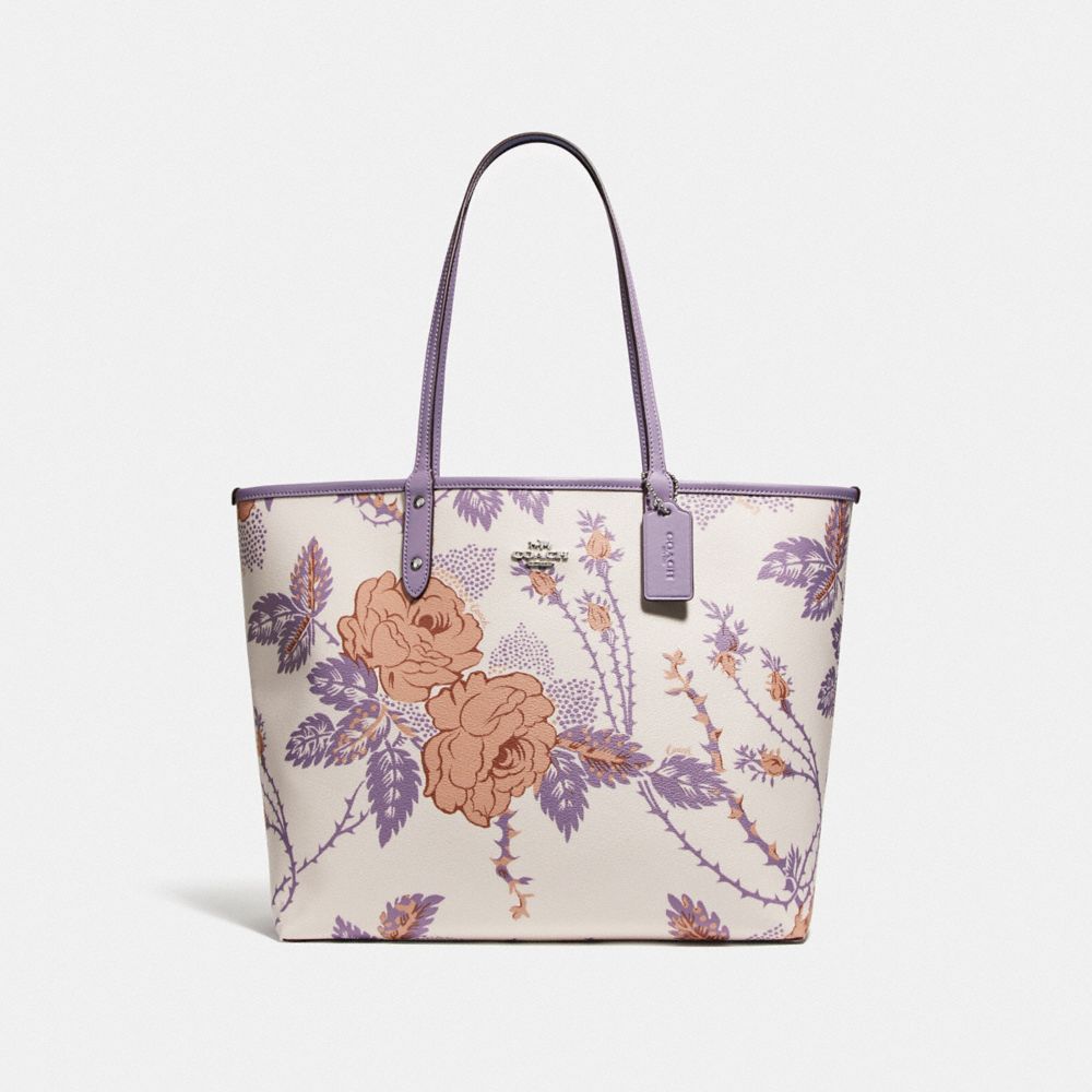 REVERSIBLE CITY TOTE WITH THORN ROSES PRINT - F78281 - CHALK PURPLE MULTI/LILAC/SILVER