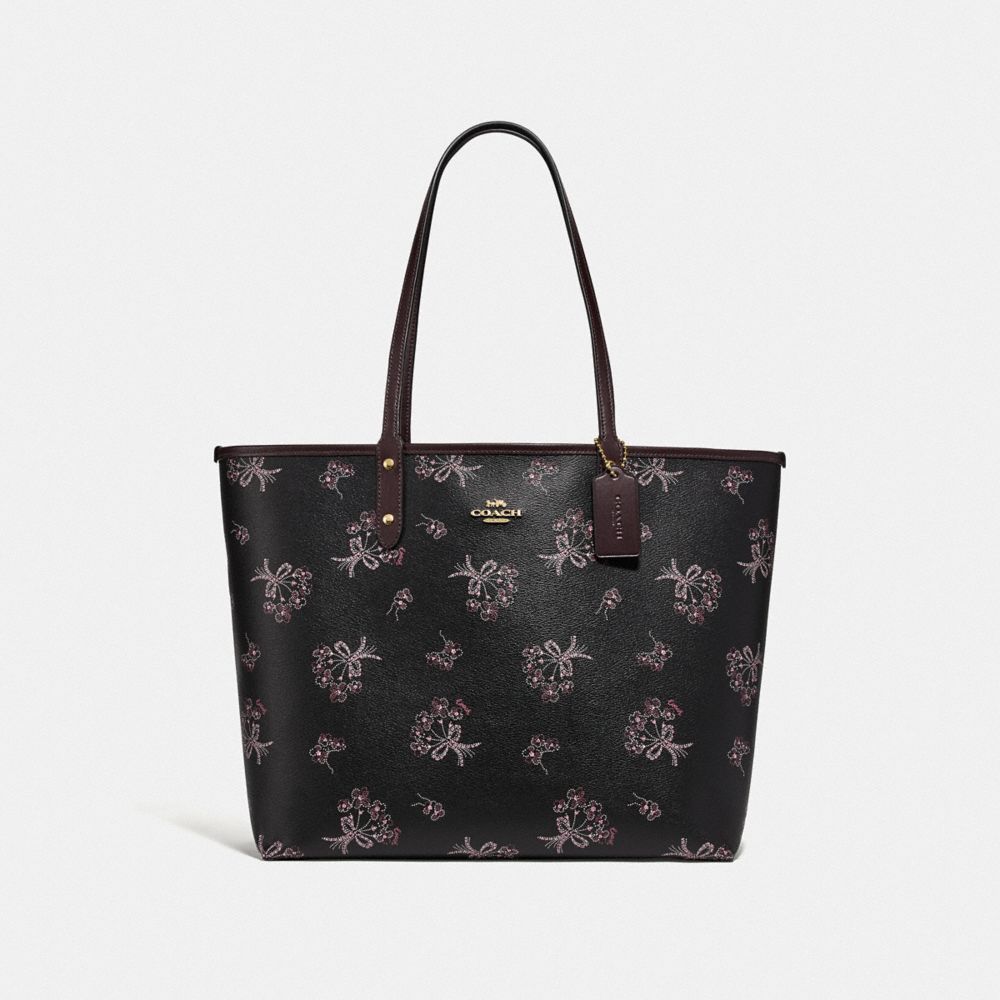 COACH F78283 Reversible City Tote With Ribbon Bouquet Print IM/BLACK PINK MULTI/OXBLOOD