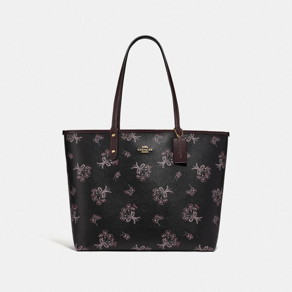 COACH F78283 REVERSIBLE CITY TOTE WITH RIBBON BOUQUET PRINT IM/BLACK PINK MULTI/OXBLOOD