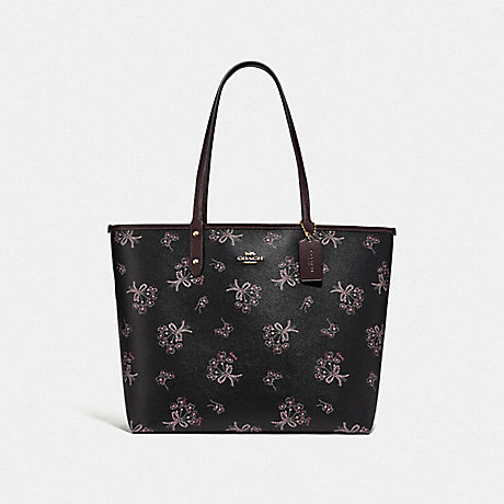 COACH F78283 REVERSIBLE CITY TOTE WITH RIBBON BOUQUET PRINT IM/BLACK PINK MULTI/OXBLOOD