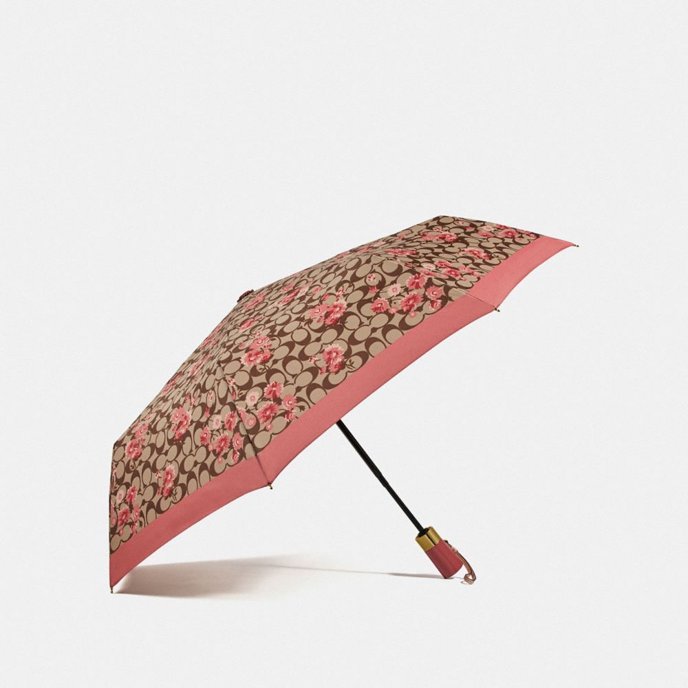 COACH F78285 Umbrella In Signature Prairie Daisy Cluster Print KHAKI/CORAL/GOLD