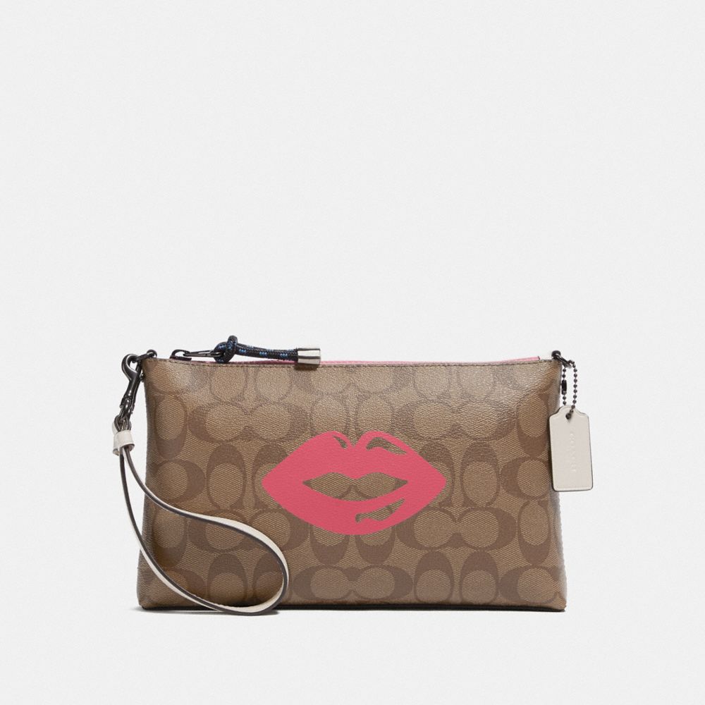 COACH F78305 Large Wristlet 25 In Signature Canvas With Lips Motif QB/KHAKI MULTI