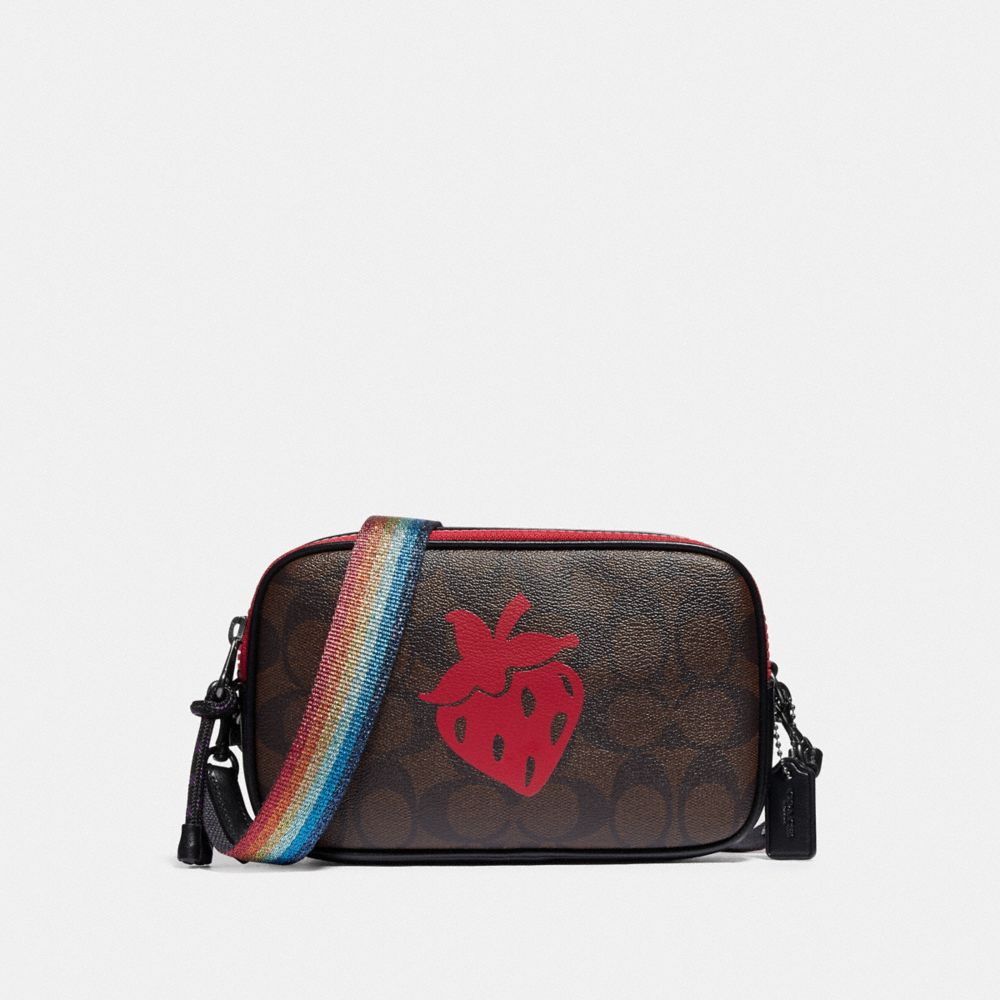 CROSSBODY POUCH IN SIGNATURE CANVAS WITH STRAWBERRY MOTIF - F78307 - QB/BROWN BLACK MULTI