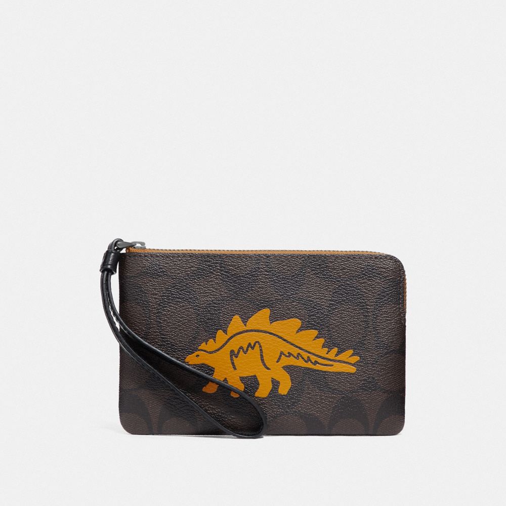 COACH F78667 CORNER ZIP WRISTLET IN SIGNATURE CANVAS WITH DINOSAUR MOTIF QB/BROWN BLACK MULTI