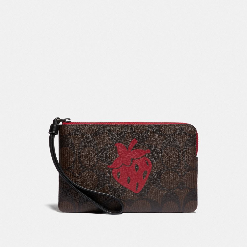 COACH F78668 - CORNER ZIP WRISTLET IN SIGNATURE CANVAS WITH STRAWBERRY MOTIF QB/BROWN BLACK MULTI