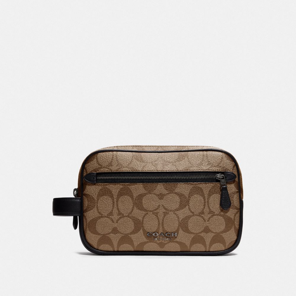 COACH DOUBLE ZIP OVERNIGHT KIT IN SIGNATURE CANVAS - TAN/BLACK ANTIQUE NICKEL - F78674