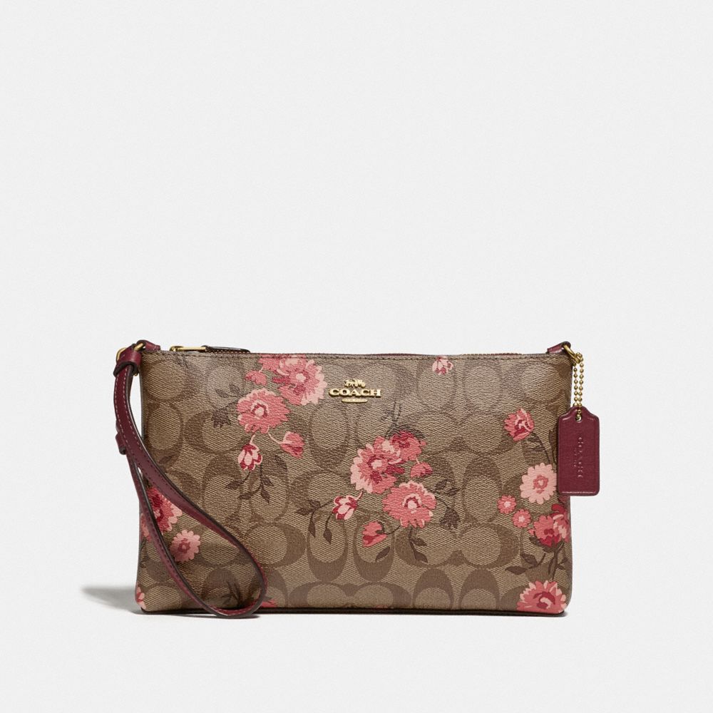 COACH F78846 - LARGE WRISTLET 25 IN SIGNATURE CANVAS WITH PRAIRIE DAISY CLUSTER PRINT KHAKI CORAL MULTI/IMITATION GOLD