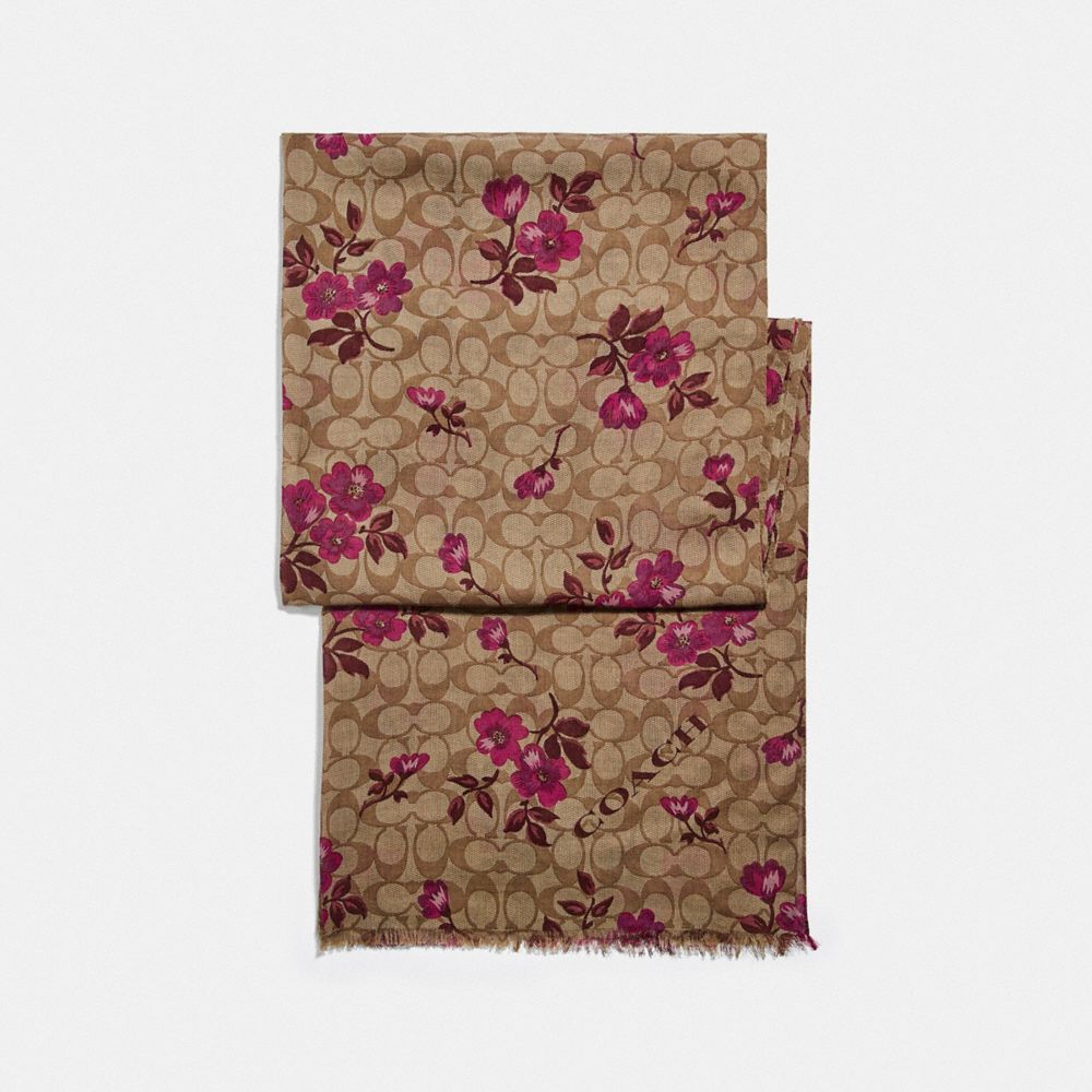 COACH SIGNATURE FLORAL PRINT OBLONG SCARF - KHAKI/BERRY - F79613