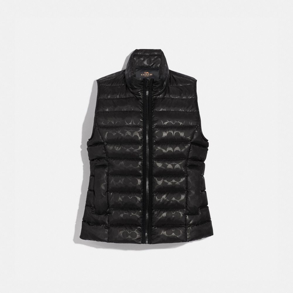 COACH SIGNATURE EMBOSSED SHORT DOWN VEST - BLACK - F79674